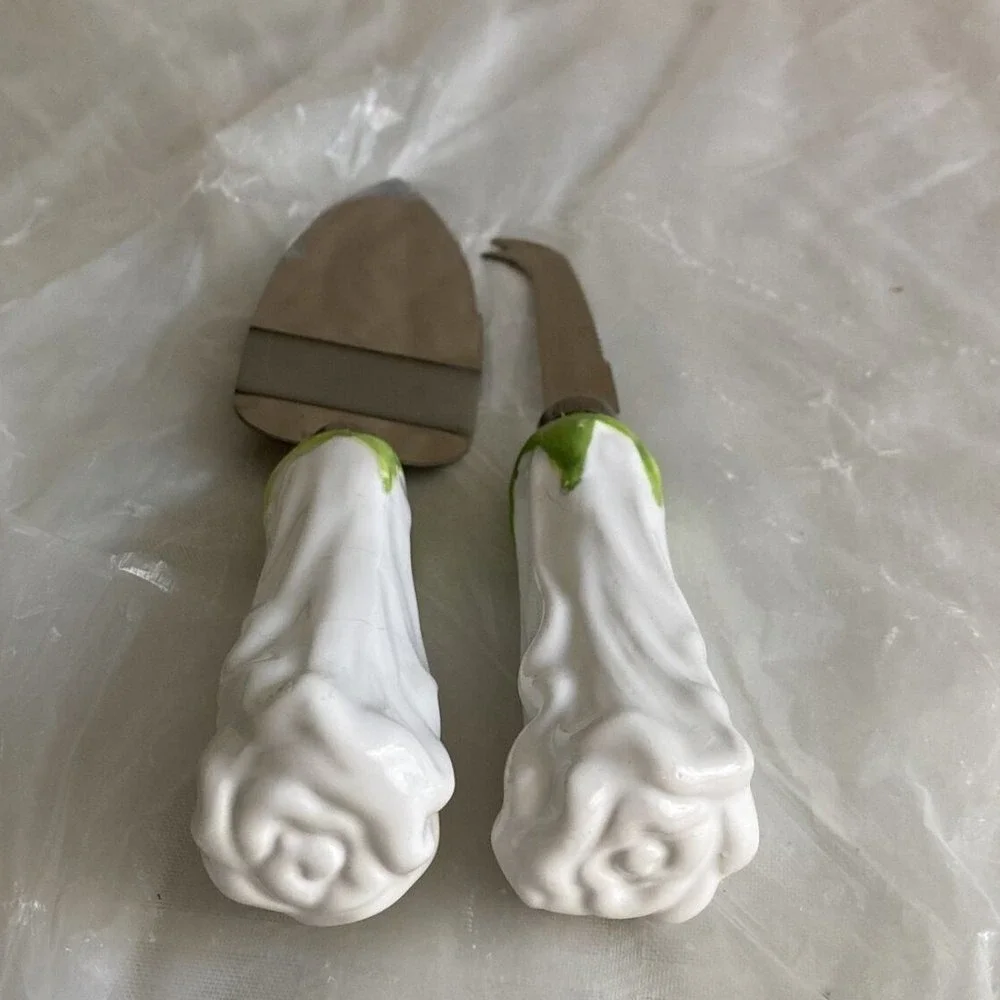 Wedding Cake Server‎ & Knife Set Rose Bud Handles White Floral Keepsake Cottage